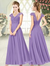 Adorable Lavender Empire V-neck Cap Sleeves Chiffon Ankle Length Zipper Lace Prom Gown