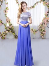  Lavender Empire Sequins Court Dresses for Sweet 16 Zipper Chiffon Short Sleeves Floor Length