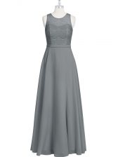 Amazing Grey Empire Chiffon Scoop Sleeveless Lace and Appliques and Belt Floor Length Zipper Prom Dress