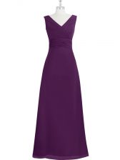  V-neck Sleeveless Dress for Prom Floor Length Ruching Eggplant Purple Chiffon