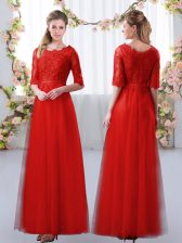  Empire Vestidos de Damas Red Scalloped Tulle Half Sleeves Floor Length Zipper