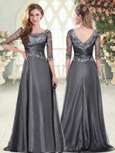 Custom Designed Grey A-line Sweetheart Half Sleeves Satin Sweep Train Zipper Beading and Lace 