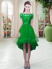  Green Off The Shoulder Neckline Appliques Prom Gown Short Sleeves Lace Up