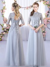  Grey Lace Up Dama Dress Lace Half Sleeves Floor Length