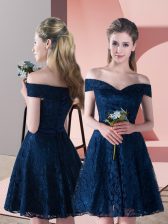  Off The Shoulder Sleeveless Prom Gown Mini Length Lace Navy Blue
