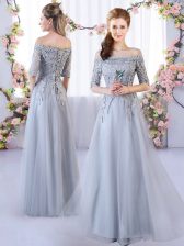 Grey Half Sleeves Floor Length Appliques Lace Up Quinceanera Court of Honor Dress