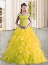Excellent Yellow Lace Up Sweet 16 Quinceanera Dress Beading and Lace and Ruffles Sleeveless Sweep Train