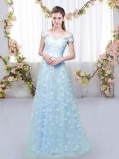 Hot Sale Blue Cap Sleeves Floor Length Appliques Lace Up Dama Dress for Quinceanera