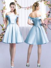  Light Blue A-line Belt Vestidos de Damas Lace Up Satin Sleeveless Mini Length