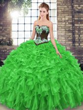 Latest Sweetheart Sleeveless Quinceanera Gown Sweep Train Embroidery and Ruffles Organza