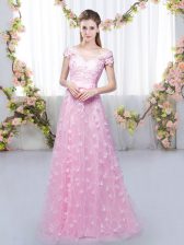  Rose Pink Empire Tulle Off The Shoulder Cap Sleeves Appliques Floor Length Lace Up Dama Dress