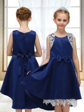 Free and Easy High Low Navy Blue Flower Girl Dresses for Less Satin Sleeveless Lace and Bowknot