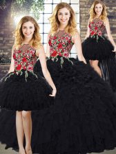 Simple Organza Scoop Sleeveless Zipper Embroidery and Ruffles 15 Quinceanera Dress in Black