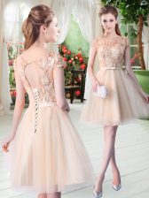  Champagne Short Sleeves Appliques Mini Length Prom Dress