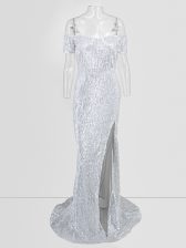 Custom Made Silver Off The Shoulder Sequins Prom Dress Short Sleeves Sweep Train