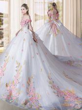 Delicate White Tulle Lace Up Off The Shoulder Sleeveless Ball Gown Prom Dress Cathedral Train Appliques