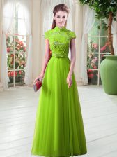  Cap Sleeves Floor Length Appliques Lace Up Prom Gown with 