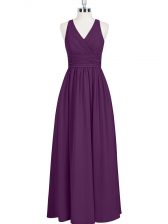 Pretty Eggplant Purple Zipper V-neck Ruching Prom Gown Chiffon Sleeveless