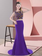  Purple Two Pieces Satin Scoop Sleeveless Beading Backless Dress for Prom Sweep Train