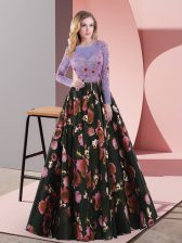 Nice Multi-color A-line Printed Scoop Long Sleeves Appliques Lace Up Prom Gown Sweep Train
