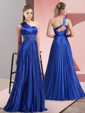  Royal Blue Chiffon Backless Prom Dresses Sleeveless Floor Length Beading and Ruching