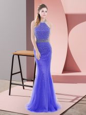 Traditional Blue Homecoming Dress Prom and Party and Military Ball with Beading Halter Top Sleeveless Sweep Train Backless