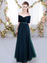 Custom Made Navy Blue Off The Shoulder Neckline Ruching Dama Dress for Quinceanera Short Sleeves Lace Up