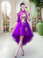 Comfortable Purple Tulle Zipper Half Sleeves High Low Appliques