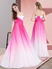 Pink And White Sleeveless Floor Length Ruching Lace Up Dress for Prom