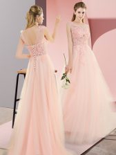  Pink Sleeveless Floor Length Beading and Lace and Appliques Lace Up Dress for Prom