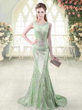 Apple Green Sleeveless Sequined Brush Train Zipper Prom Party Dress for Prom and Party and Military Ball