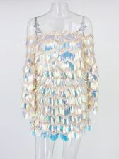  Silver Sequined Off The Shoulder Long Sleeves Mini Length Prom Gown Ruching