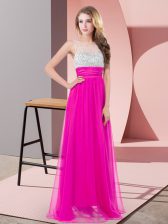 Exquisite Fuchsia Empire Scoop Sleeveless Chiffon Floor Length Side Zipper Sequins Homecoming Dress