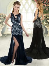 Fitting Chiffon Sleeveless Prom Dresses Brush Train and Lace