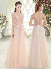  Pink Tulle Zipper Scoop Sleeveless Floor Length Dress for Prom Beading and Lace and Appliques