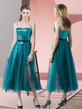  Spaghetti Straps Sleeveless Tea Length Sequins Teal Tulle