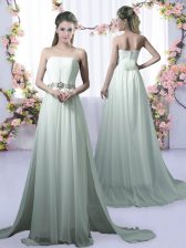 Affordable Apple Green Empire Strapless Sleeveless Chiffon Brush Train Beading Vestidos de Damas