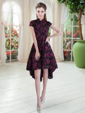 Flirting Pink And Black Lace Zipper High-neck Short Sleeves High Low Prom Party Dress Appliques