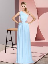Glittering One Shoulder Sleeveless Lace Up Prom Dresses Blue Chiffon