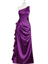 Custom Designed Floor Length Purple Homecoming Dress Elastic Woven Satin Sleeveless Beading and Ruching and Pleated