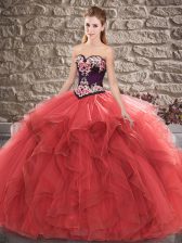 Modest Red Sweetheart Neckline Beading and Embroidery Quinceanera Dress Sleeveless Lace Up