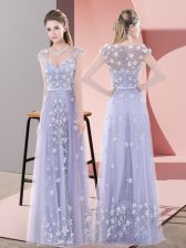 Custom Fit Sweetheart Cap Sleeves Zipper Prom Gown Lavender Tulle