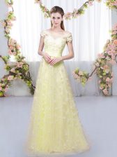 Dramatic Floor Length Empire Cap Sleeves Light Yellow Dama Dress Lace Up