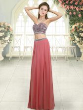  Floor Length Watermelon Red Evening Dress Chiffon Sleeveless Beading
