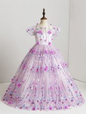  Lilac Zipper Kids Formal Wear Hand Made Flower Short Sleeves Floor Length