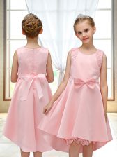 Affordable Pink Zipper Flower Girl Dress Lace and Bowknot Sleeveless High Low