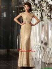 2016 New Style Column V Neck Lace Prom Dresses with Brush Train DBEE128FOR