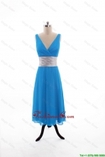 2016 Spring Empire V Neck Tea Length Prom Dresses with Belt DBEES163FOR