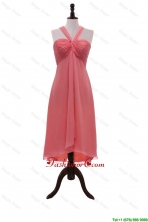Affordable Halter Top Coral Red Short Prom Dresses with Ruching DBEES272FOR