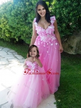 Beautiful Deep V Neckline Prom Dress with Appliques and Hot Sale Rose Pink Little Girl Dress with See Through Scoop DXZH016FOR